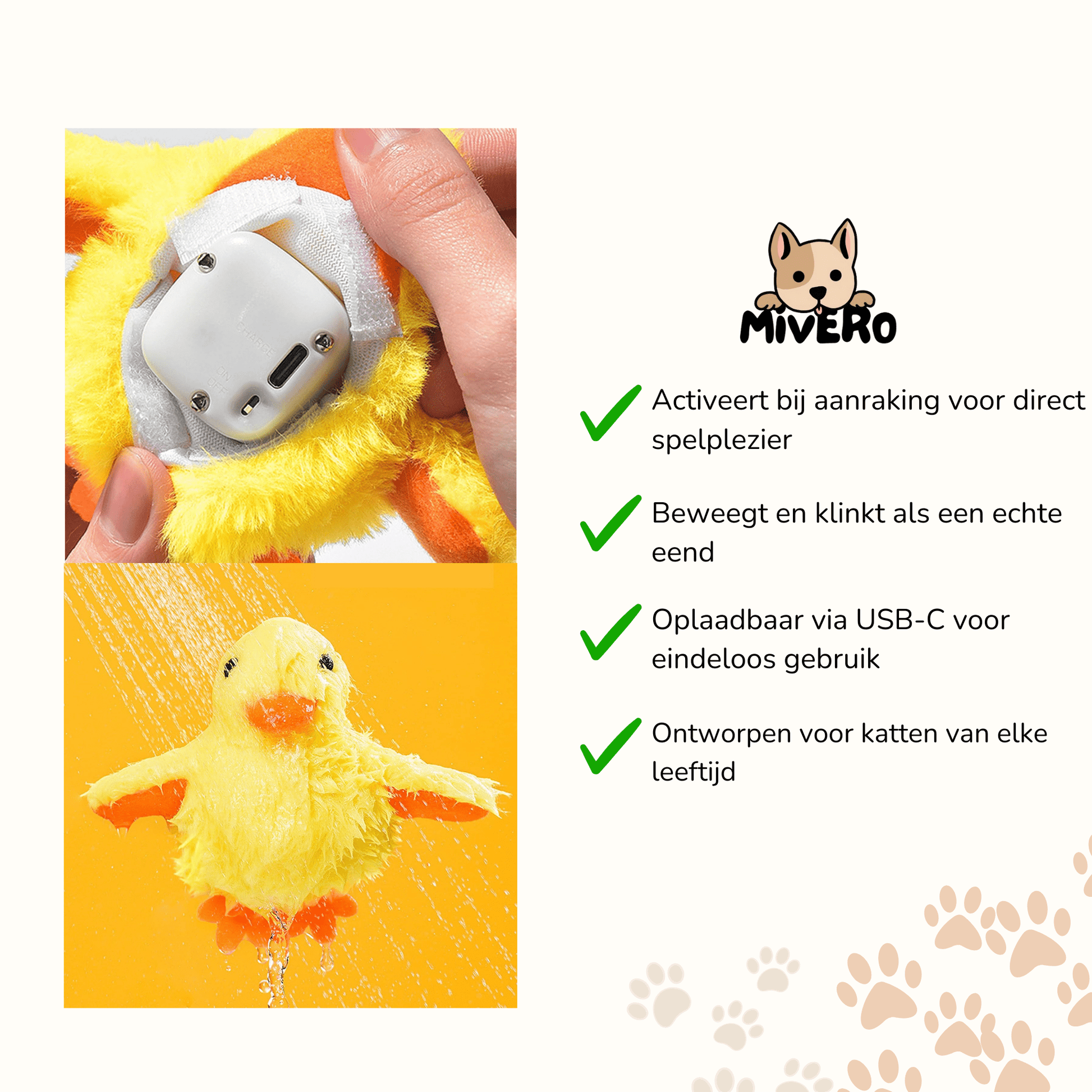 Ducksy - Kattenspeeltje Flappende Eend Met Geluid USB - oplaadbaar - Mivero